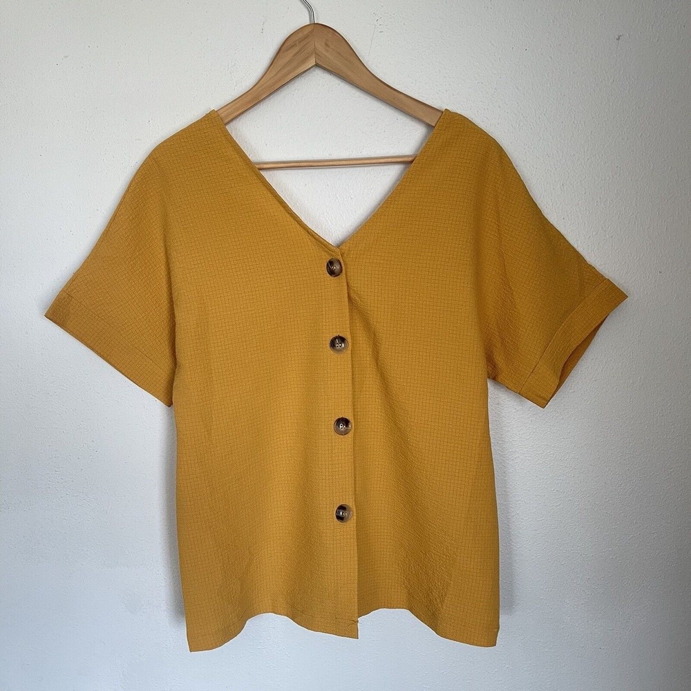 Yellow V Neck Button Up Shirt Short Sleeve Blouse Top Mustard Size Small Women's